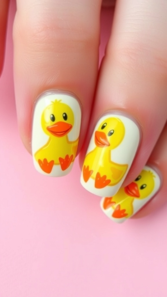 Close-up of colorful duck nail art with cartoon faces and footprints.